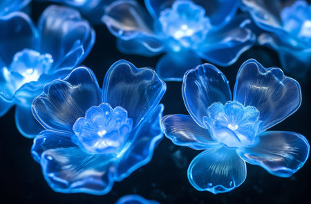 Beautiful blue flowers on a dark background, close-up.の写真素材