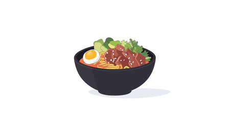 Illustration of a bowl of noodle with beef and egg.の写真素材