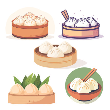 Steamed dumplings set. Chinese dim sum, chinese bun, dumpling, steamed bun. Vector illustrationのイラスト素材