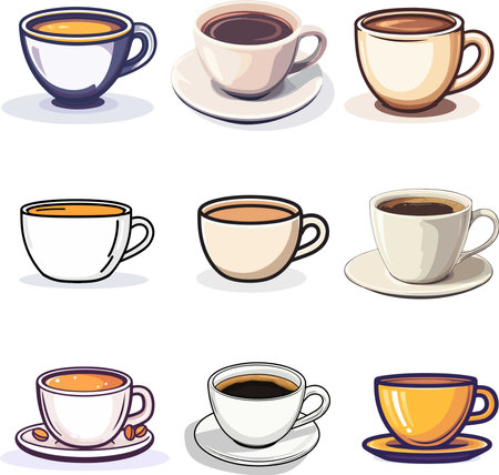 Coffee cup icons set. Cartoon illustration of 9 coffee cup icons for webのイラスト素材