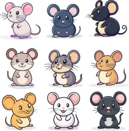 Vector illustration of a set of cute cartoon mice in different poses.のイラスト素材
