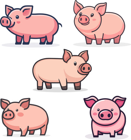 Vector illustration of a set of cute cartoon pigs in different poses.のイラスト素材
