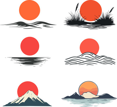 set of icons on the theme of travel, mountains, sun and seaのイラスト素材