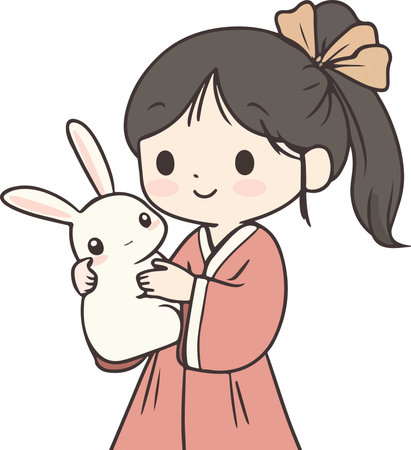 Illustration of a Girl Holding a Cute Bunny in Her Handのイラスト素材
