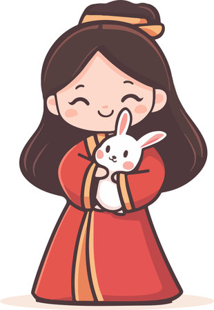 Cute little girl holding a white rabbit in her arms. Vector illustration.のイラスト素材