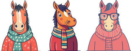 Horses in winter clothes. Vector illustration set. Cartoon style.のイラスト素材