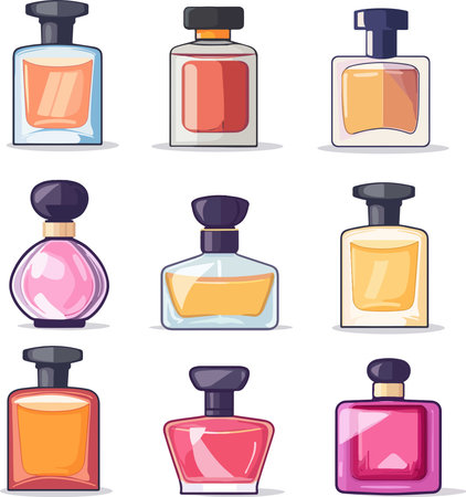 Illustration of a Set of Bottles of Perfume on a White Backgroundのイラスト素材