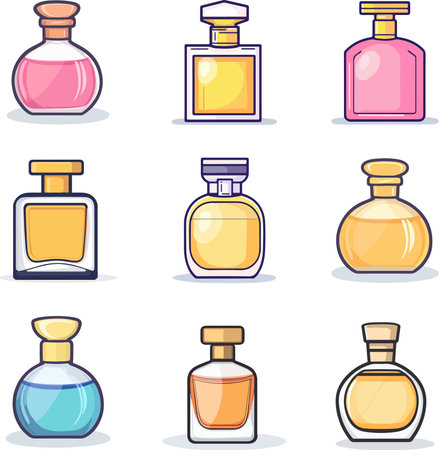 Illustration of a set of colorful perfume bottles on a white backgroundのイラスト素材