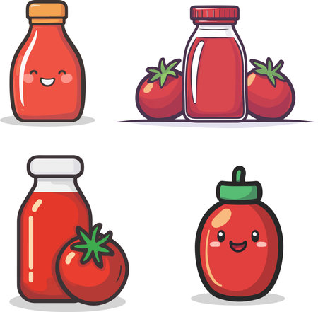 Tomato ketchup cartoon character vector illustration set. Tomato ketchup collection.のイラスト素材