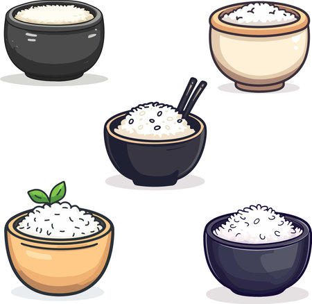 Illustration of different types of rice in bowls on a white backgroundのイラスト素材