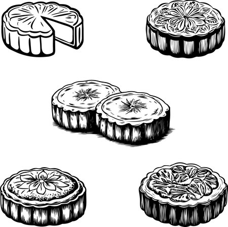 Set of black and white vector illustrations of different kinds of cakes.のイラスト素材