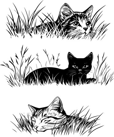Black and white cat in the grass. Set of three vector illustrations.のイラスト素材