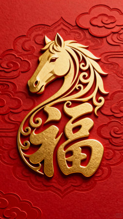 Chinese character on a red background in the form of a horse.の写真素材