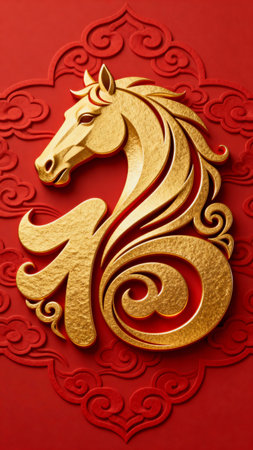 Golden horse on a red background, Chinese zodiac sign, close-upの写真素材