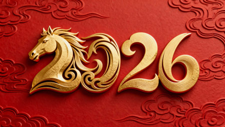 Chinese New Year's card in red and gold with a horse.