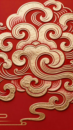Chinese traditional style gold pattern on a red background, closeup of photo