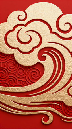 Paper carving in Chinese style on a red background close-up.