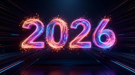 New Year neon numbers, 3d rendering. Computer digital drawing.