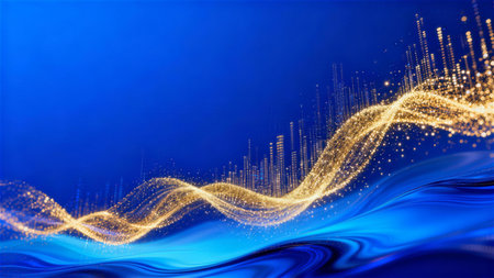 abstract blue background with golden wave lines and bokeh effect