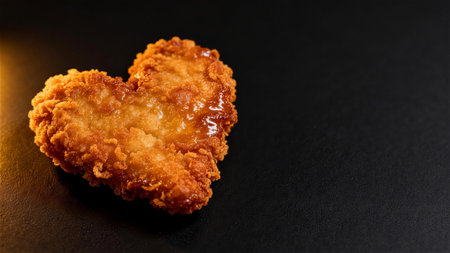 Heart shaped fried chicken nuggets on black background with copy space.
