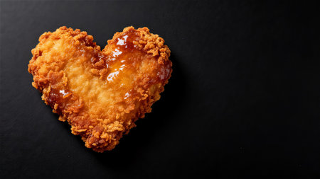 Heart shaped fried chicken on a black background. Selective focus.