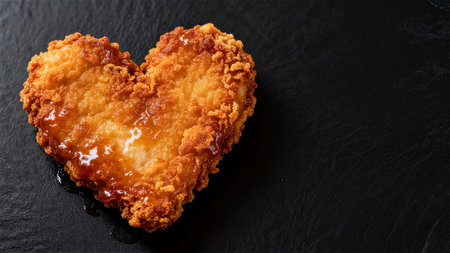 Heart shaped fried chicken nuggets on black stone background with copy space