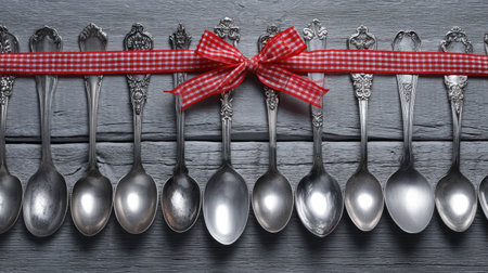 A collection of antique spoons is displayed against a weathered gray wooden surface, accented by a vibrant red ribbon tied in a bow. The composition features detailed metal objects, possibly silverware, arranged in a row, with a neutral background. The image could be utilized in various commercial projects, illustrating concepts of dining or history.の素材