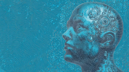 This digital artwork depicts a human head in profile, featuring intricate mechanical gears within the brain, rendered in shades of blue. The composition emphasizes a textured surface and a subtle lighting effect. It might be suitable for illustrations related to innovation, technology, or conceptual themes.の素材