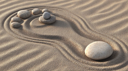 An overhead view reveals a footprint shape meticulously crafted from stones embedded in textured sand. The scene showcases a zen-like composition, featuring neutral colors and soft lighting. The image has a minimalist aesthetic, suitable for illustrating concepts related to relaxation, balance, and mindful living, with potential applications in wellness or travel content.の素材