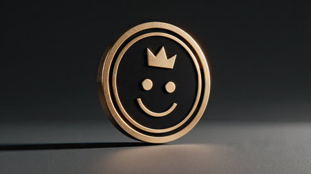 A gold coin displaying a crown and smiling face emblem is presented against a dark background. The design showcases a circular form with contrasting colors and textures. Its composition suggests use for various concepts, making it suitable for commercial and editorial applications. The image is lit with a directional source.の素材