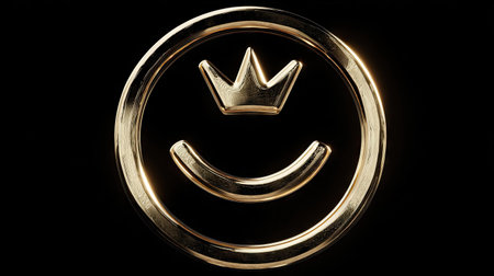 The image showcases a golden emblem featuring a crown and a smiling arc within a circular frame, set against a stark black background. The design presents a three-dimensional, polished appearance. Suitable for various design projects, the emblem suggests concepts of achievement and positive emotion. This graphic could be utilized for commercial or editorial purposes.の素材