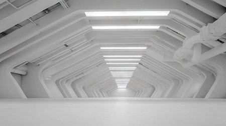 A white, futuristic hallway is featured, showcasing a symmetrical design with geometric patterns. The interior space is brightly illuminated by overhead lights, casting a clean and modern aesthetic. This image is suitable for architectural visualization, technology-related projects, or as a background element for design.の素材
