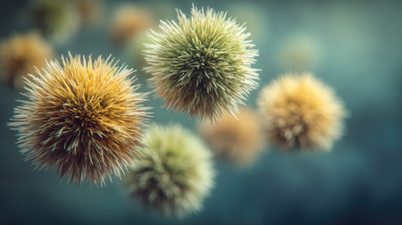 This image displays several spherical, textured objects with a fuzzy appearance and spiky exteriors. The objects have a gradient of colors ranging from yellow to green and are set against a blurred background. The composition uses a shallow depth of field, focusing attention on the foreground elements. These visuals might be suitable for scientific or educational applications.の素材