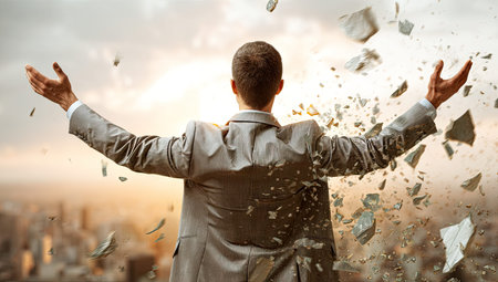 A man in a suit with open arms stands against a cityscape, shattering into piecesの素材