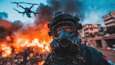 A person in a gas mask looks at the camera with a drone and fire in the backgroundの素材