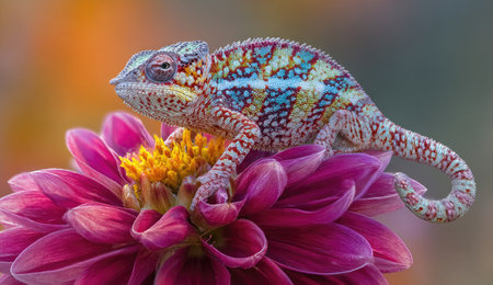 A vibrant chameleon perched on a fuchsia dahlia flower, with an out-of-focus backgroundの素材