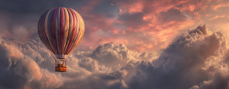 A hot air balloon floats amidst a vibrant sunset sky filled with fluffy, textured cloudsの素材