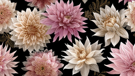 A floral pattern with large, detailed blooms in shades of pink, peach, and cream on a black backgroundの素材