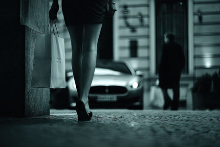 Woman walks away in dark, carrying shopping bag; man, car, and building are in the backgroundの素材