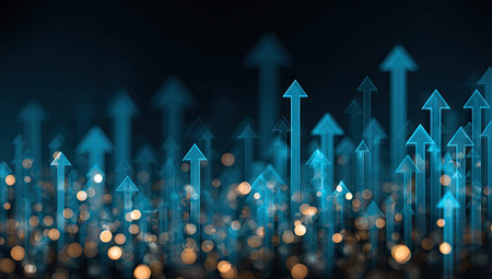 Ascending blue arrows with bokeh on dark background, suggesting growth and progressの素材