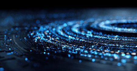 Abstract close-up of concentric circles with blurred blue and gold glowing particlesの素材