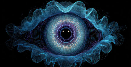 A digital eye design, intricate blue and purple lines radiating outward from a dark centerの素材