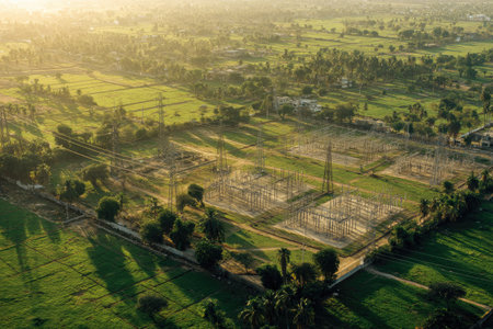 Aerial view reveals a sprawling power substation in a rural setting at golden hourの素材
