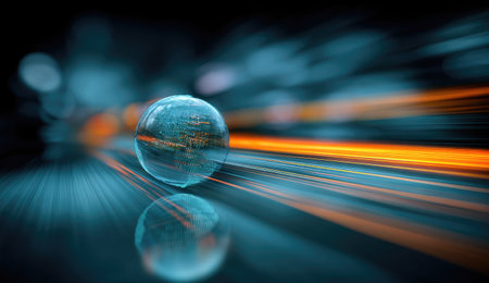 A glassy orb reflects light, with speed streaks and bokeh against a dark backgroundの素材