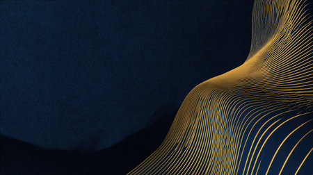 An abstract composition features flowing golden lines against a deep blue backdrop. The dynamic curves create a sense of movement and depth, with light reflecting from the lines. This vector design's style could suit various commercial projects, offering a modern, clean aesthetic for presentations or web design.の素材