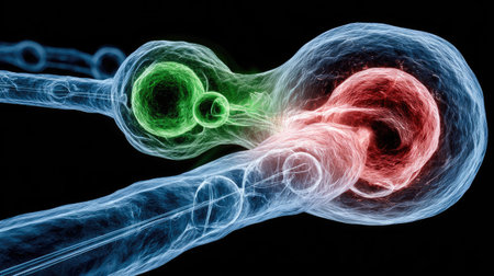 This image showcases a vibrant abstract representation of neurons and neural pathways. The composition features a detailed illustration of interconnected structures, rendered in a vivid color scheme that includes green, red, and blue hues. This visual could be used for educational purposes or to represent concepts related to biology, health, and technology.の素材