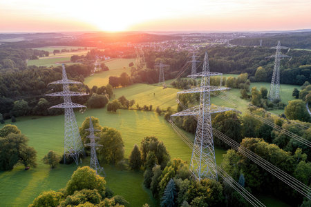 Elevated view of power lines cutting through a green landscape at sunsetの素材