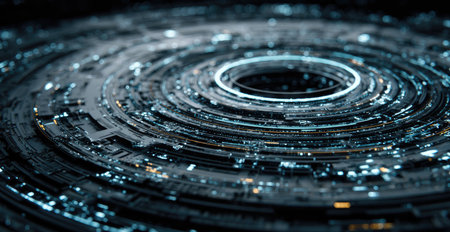 Abstract, detailed ring-like structure with layers, emitting blue and gold light elementsの素材