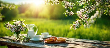A sunlit outdoor breakfast features blooms, milk, pastries, and coffee cups on a rustic wooden tableの素材