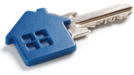 A close-up shows a house key with a blue house-shaped key fob. The composition is well-lit against a white background, emphasizing the key's metallic details and the fob's geometric design. It may be suitable for various uses related to property, security, and investment, both editorial and commercial.の素材